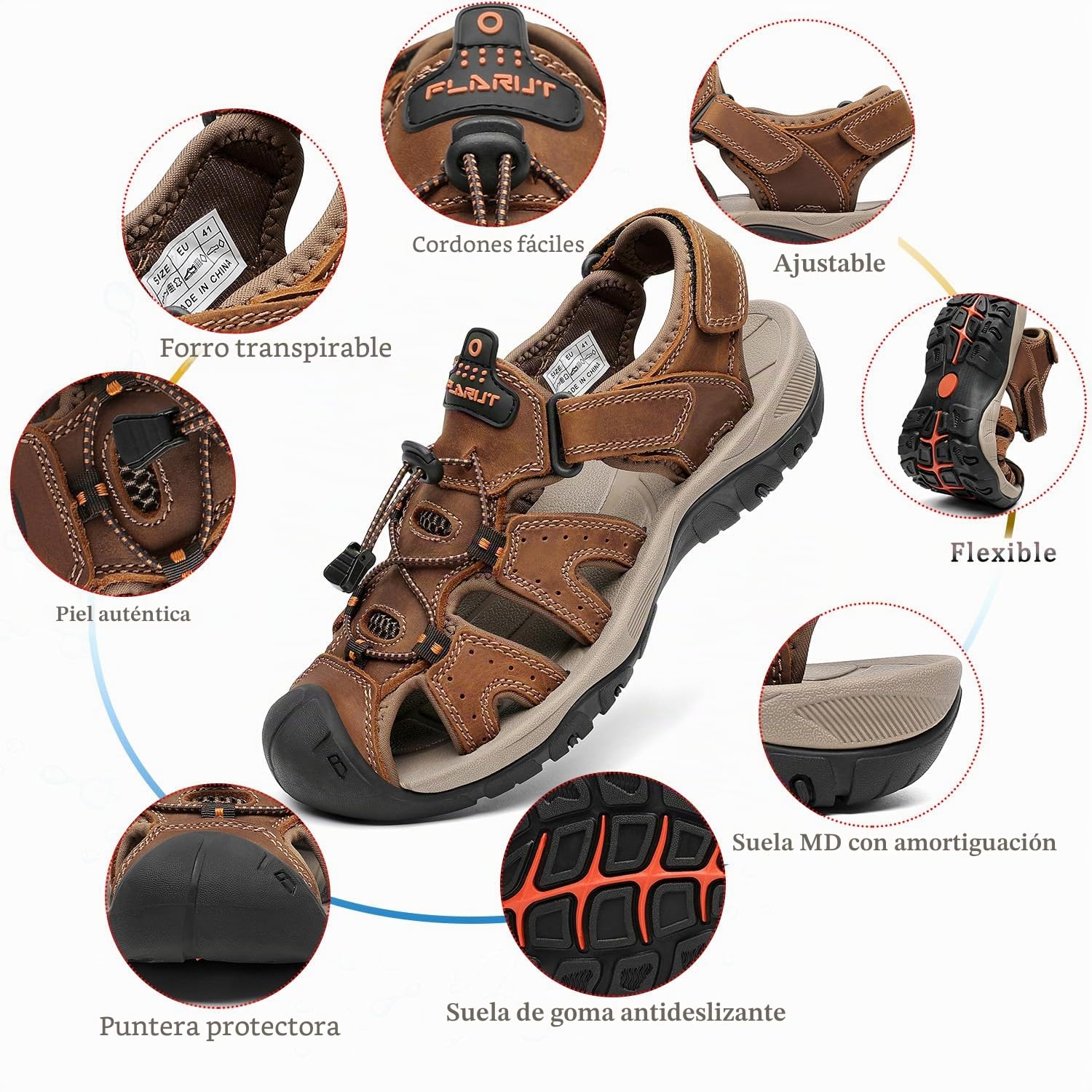FLARUT Sandalias Deportivas Hombres Verano Exterior Senderismo Zapatos Trekking Casual Zapatos de Montaña Cuero Sandalias de Playa | Cuero auténtico,Puntera cerrada,Suela de goma antideslizante,Entresuela ligera y amortiguadora de EVa,Cierre de ajustable