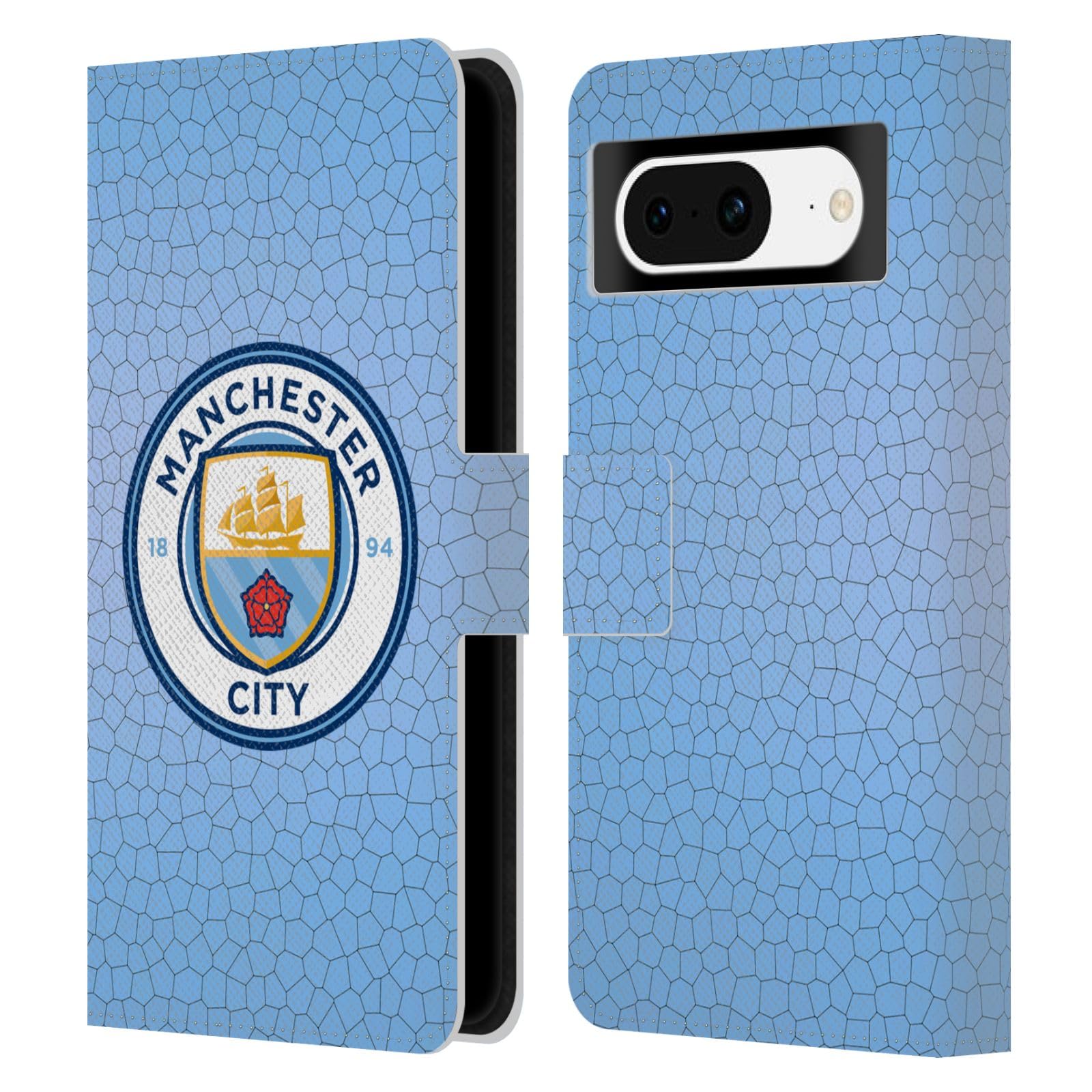 Head Case Designs Officially Licensed Manchester City Man City FC Blue Mosaic Full Colour Badge Pixels Leather Wallet Case Compatible With Google Pixel 8