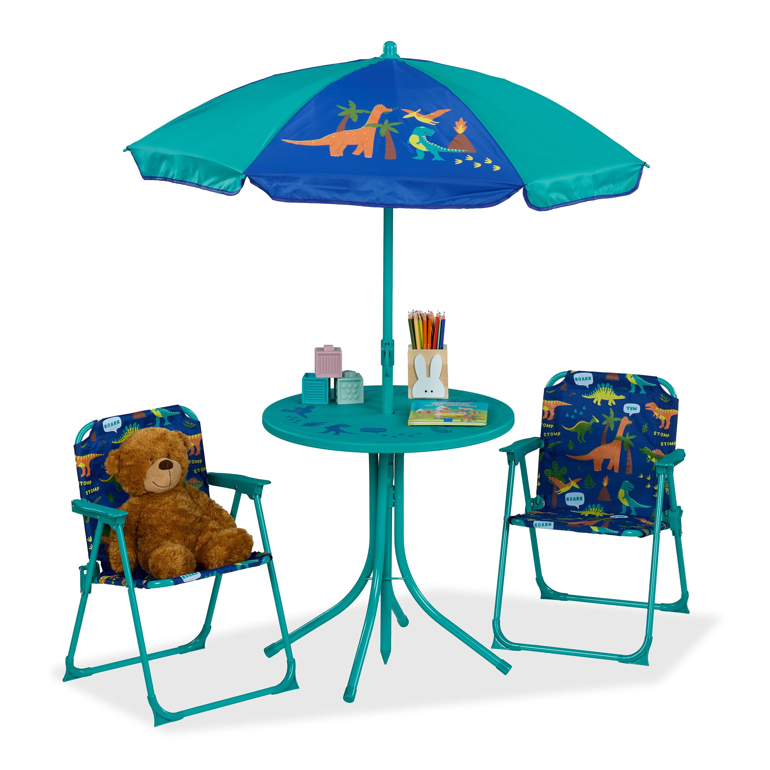Salon de jardin enfant turquoise pour camping et plage dinosaures