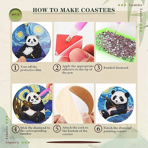 Miniatura 10 de Leatrice Juego de 6 posavasos de diamantes pequeños para adultos, con puntos de diamante, redondos, de taladro completo, con soporte, manualidades