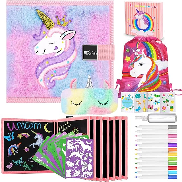Erasable Doodle Book Set, Fluffy Unicorn Double-Sided Doodle Boards for Kids with Markers and Stencils, Portable Early Learning Writing Drawing Pad Toddler Travel Toys Birthday Gifts for Girls Age 3-8