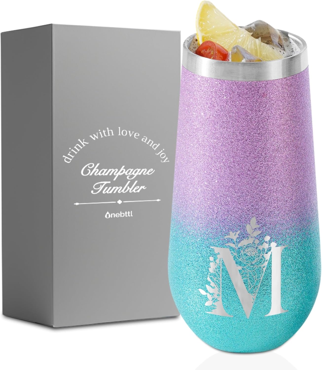 Onebttl Personalized Champagne Tumbler for Women, 6 oz Champagne Flute Insulated Tumbler for Birthday and Christmas – M