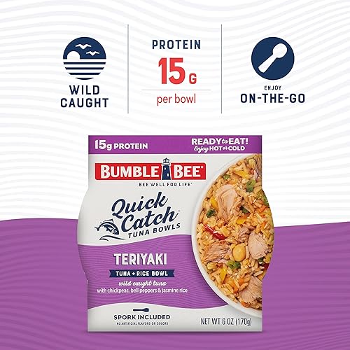 Miniatura 4 de Bumble Bee Quick Catch Teriyaki - Tazón de atún y arroz, 6 onzas (paquete de 6)  Listo para comer, tenedor incluido  0.53 oz de proteína por porción