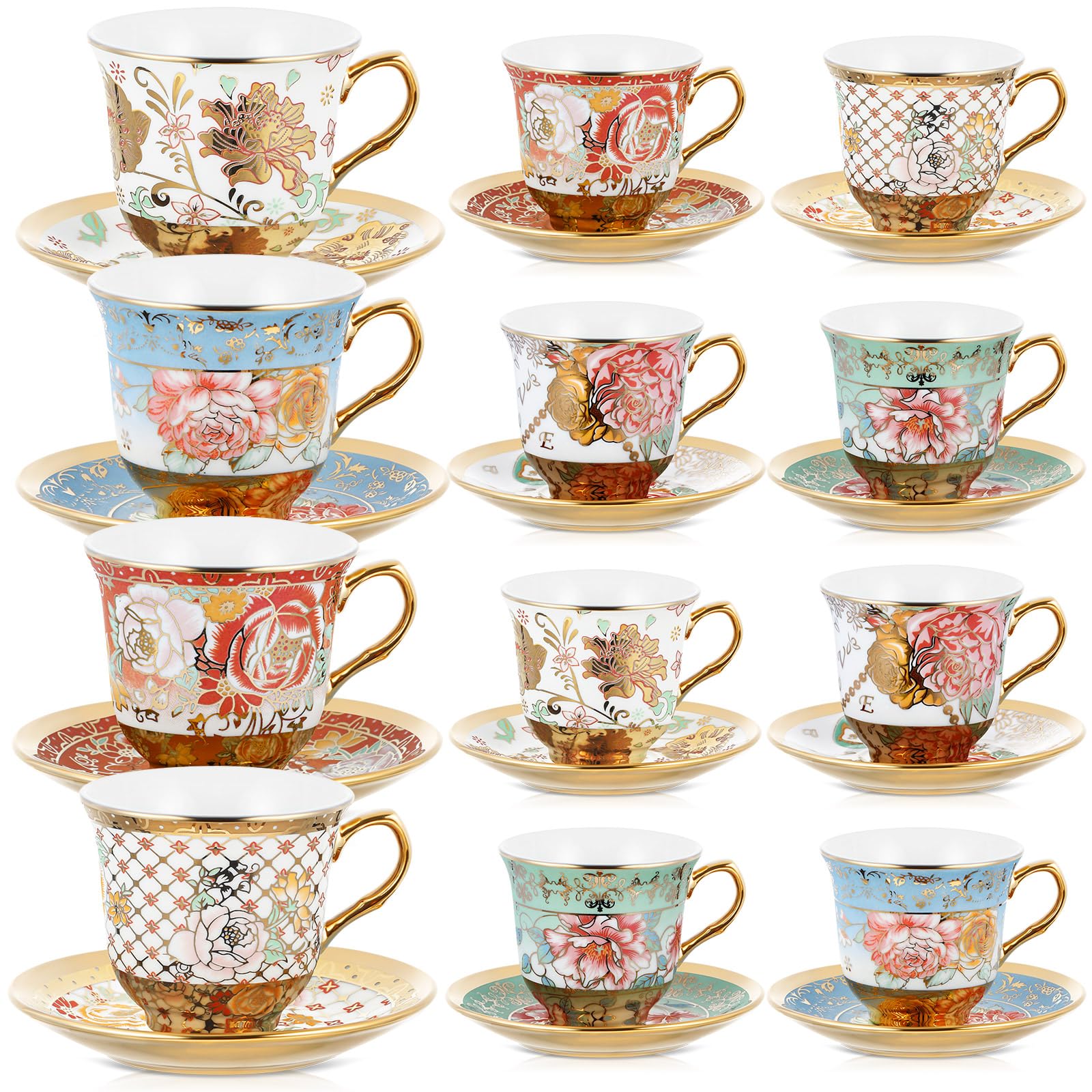 Teenyyou Set of 12 Tea Cups and Saucers, Stylish Style, 7.4 oz