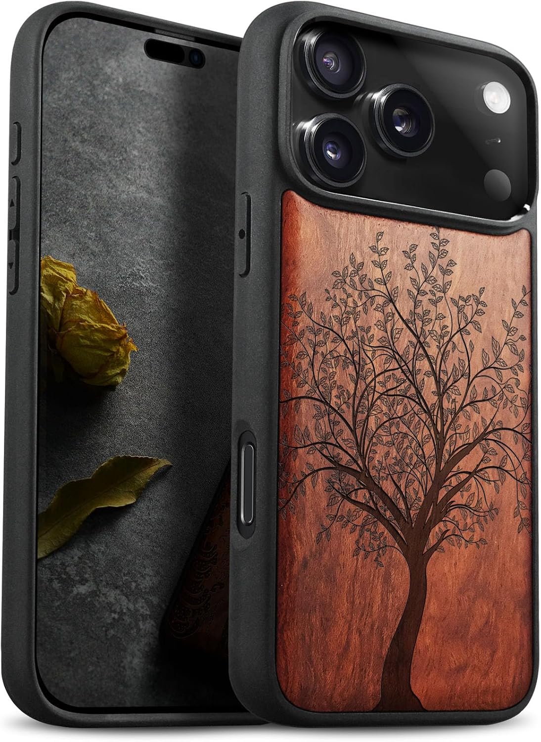 Carveit Magnetic Wooden Case for iPhone 17 Pro Case, Wood Artisan Engraved & Black Soft TPU Shockproof Cover, Compatible with MagSafe Wireless Chargers (Leafy Tree) Rosy
