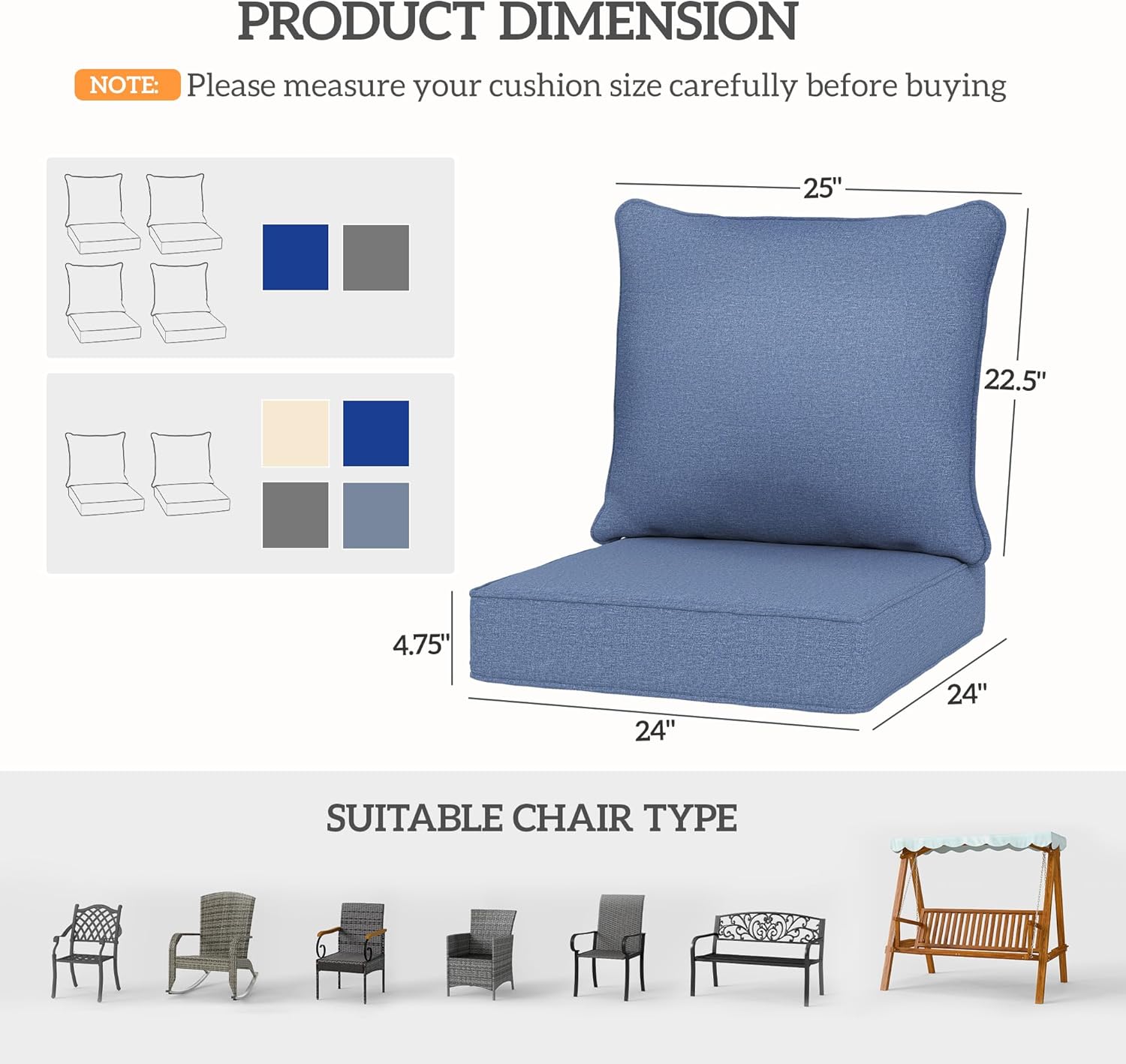 Outsunny Outdoor Chair Cushions Set of 2, Fade Resistant, 24 x 24 in Deep Seat, Patio Cushions for Chair, Sofa, and Outdoor Furniture, Blue
