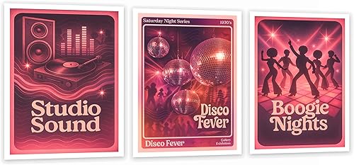 Juego de arte de pared de discoteca de los años 70  Póster vintage con texto en inglés "Disco Fever, Boogie Nights, Studio Sound", decoración retro