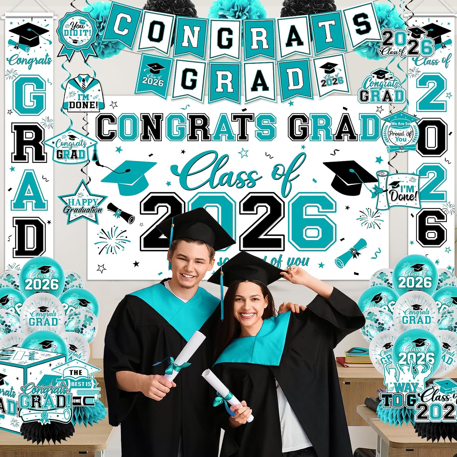 Teal Graduation Decorations 2026 - Graduation Party Supplies Kit with Congrats Grad Backdrop,Banner,Hanging Swirls,Balloons Teal Congrats Grad Decorations for Class of 2026 Party