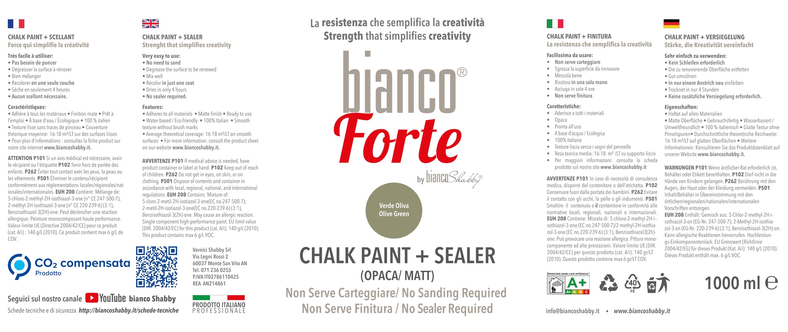 Bianco Forte - Verde Oliva - (1L) Pintura a la Tiza con Acabado/Protección 2 en 1: Chalk Paint Súper Resistente para Muebles, Paredes y Puertas – Secado Rápido, Interior/Exterior, Mate