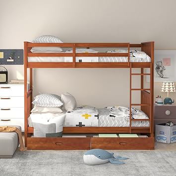 GOWE Twin-Over-Twin Bunk Bed with Ladders and Two Storage Drawers (Walnut)(Old SKU:LT000265AAD)