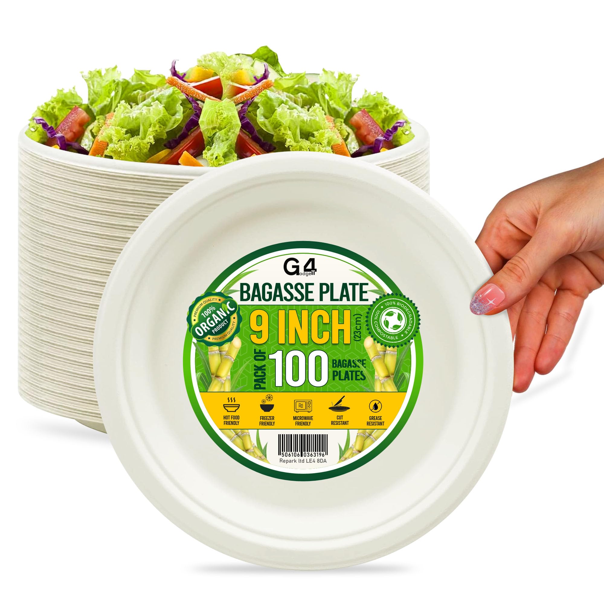 G4GADGET 9 Inch Heavy Duty Bagasse Paper Plates – Pack of 100 | Eco-Friendly Disposable Plates | Compostable Sugarcane Plates for Party, BBQ, Picnic & Events