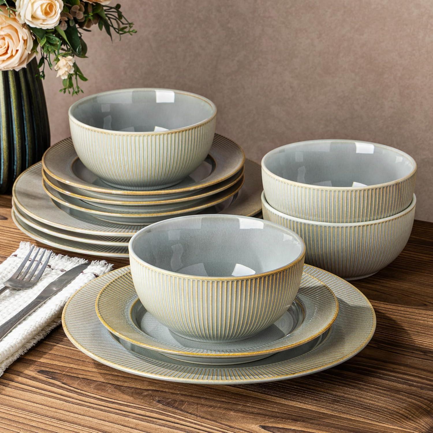 TheTerra Stoneware Dinnerware Sets for 4, 12 Pieces Ceramic Plates and Bowls Sets, Scratch Resistant Embossed Dish Set, Oven, Microwave & Dishwasher Safe, Desert Sage