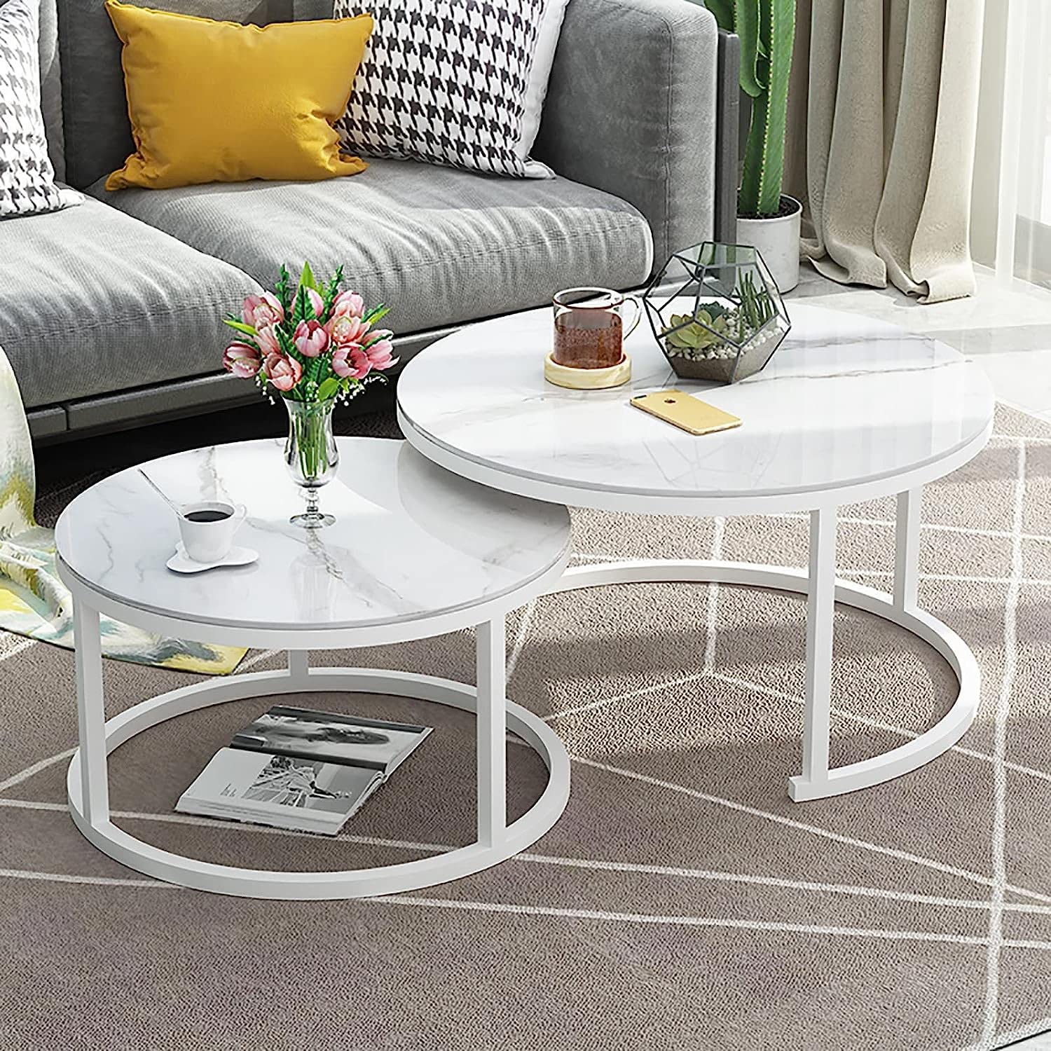 Set Di 2 Tavolini In Ardesia 70x70x45,5 Cm/50x50x36 Cm, Tavolino Rotondo, Tavolino Da Divano Con