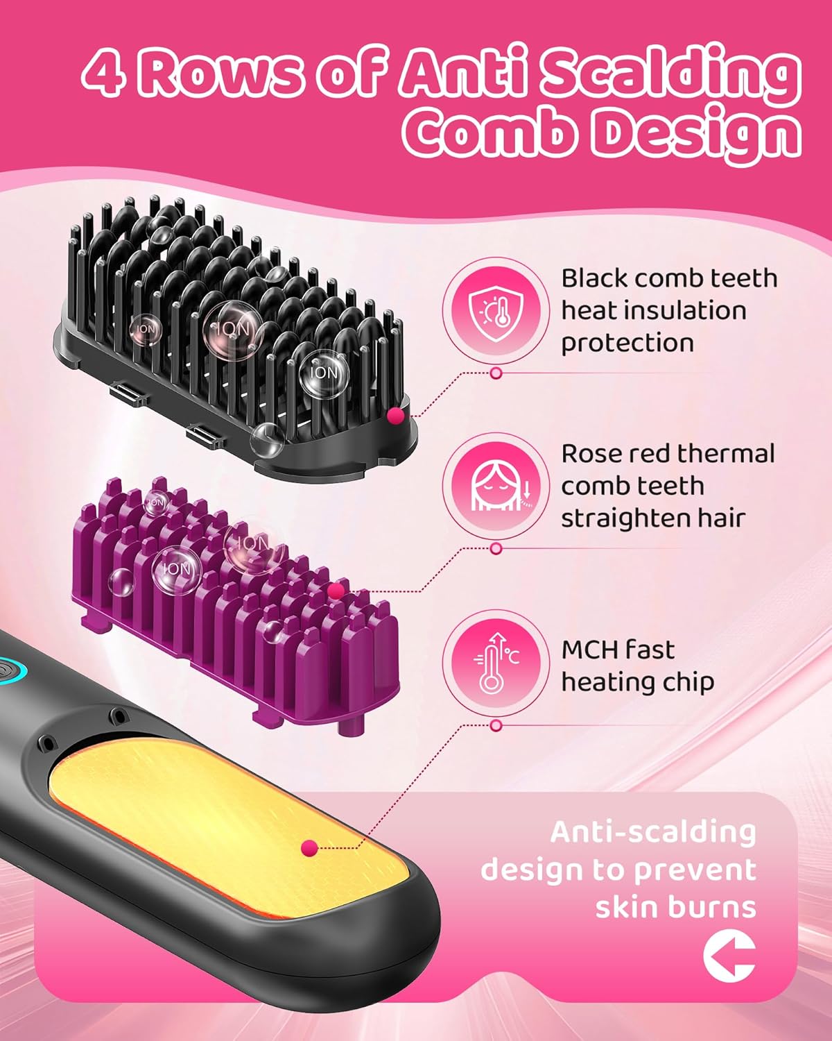 Upgrade Cordless Hair Straightener Brush, Portable Straightening Brush for Travel with 45W Fast Charger, Heated Straightener Comb with Anion for Women, Anti-Scald Design Suitable for Thick, Thin Hair - Image 6