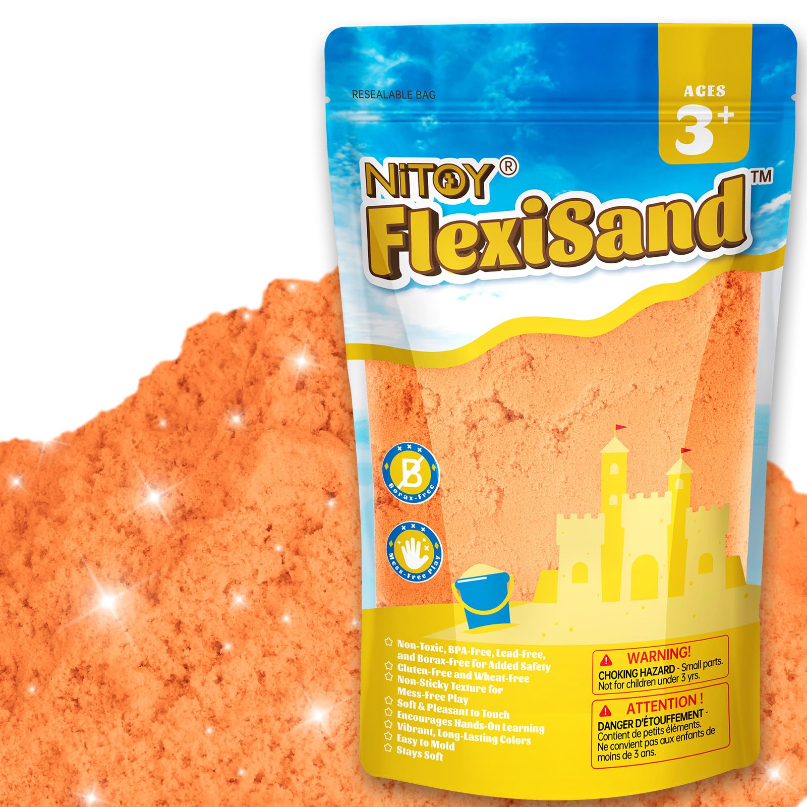 NiToy 2.2Lbs/1kg Sand, Never Dries Out-Fun for 3 Years and up Kids Bulk Refill for Sensory Sand Box Toys, Ideal for Shaping, Squeezing and Molding (Orange)