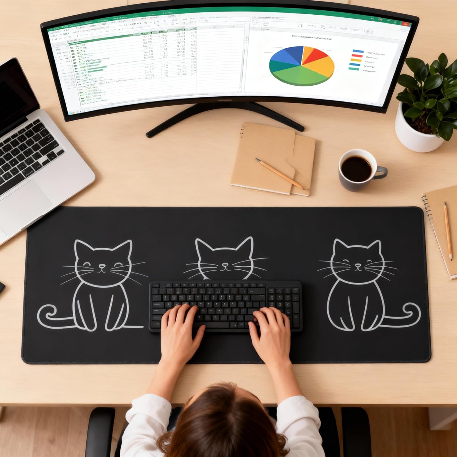 Cute Anime Black Cat Gaming Mouse Pad, Black White Minimalist Desk Mat with Anti-Slip Base & Stitched Edges, Office Supplies & Desk Decor for Women, 35.4" x 15.7" in Home Office Essentials