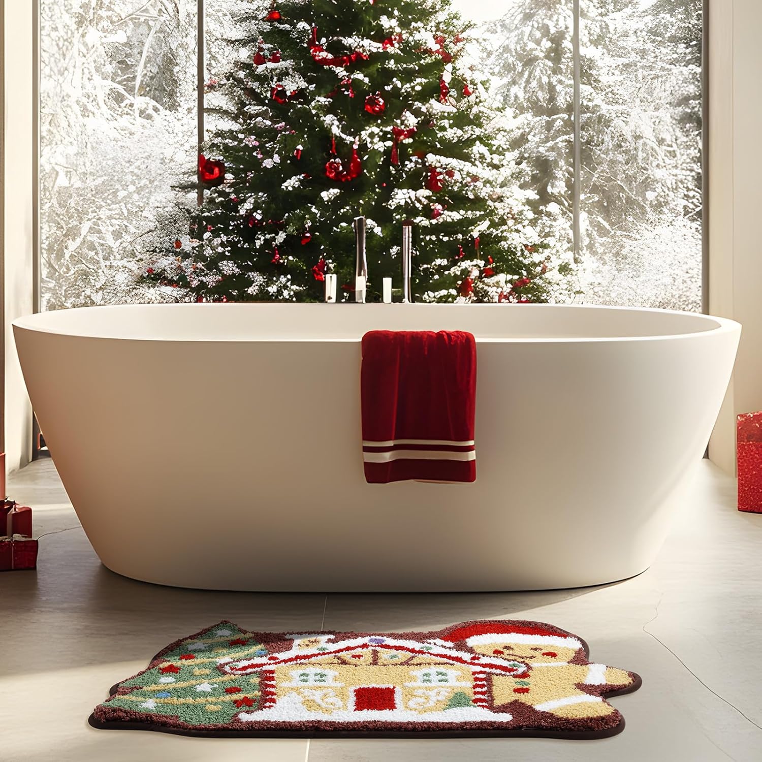 Christmas Gingerbread House Bath Mat 20x32 Inch, Winter Soft and Absorbent Tufted Xmas Tree Bathroom Rug Non Slip Washable, Christmas Bathroom Decor Rug Holiday Decorations