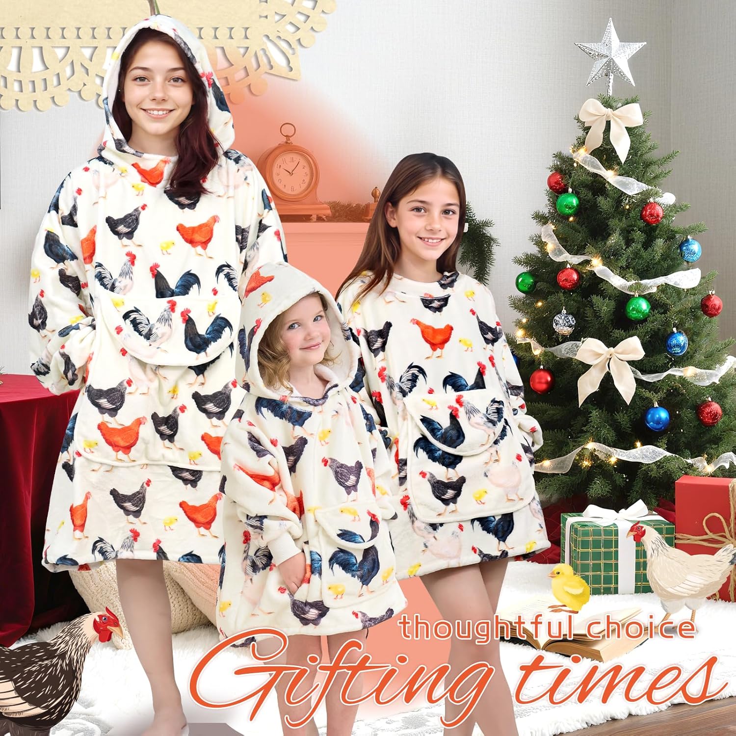 Chicken Wearable Blanket Hoodie for Women - Funny Hooded Blanket with Oversized Pocket - Chicken Decor Gifts for Women Cozy Cute Sweatshirt Blanket with Sleeves Rooster Birthday Gifts for Mom