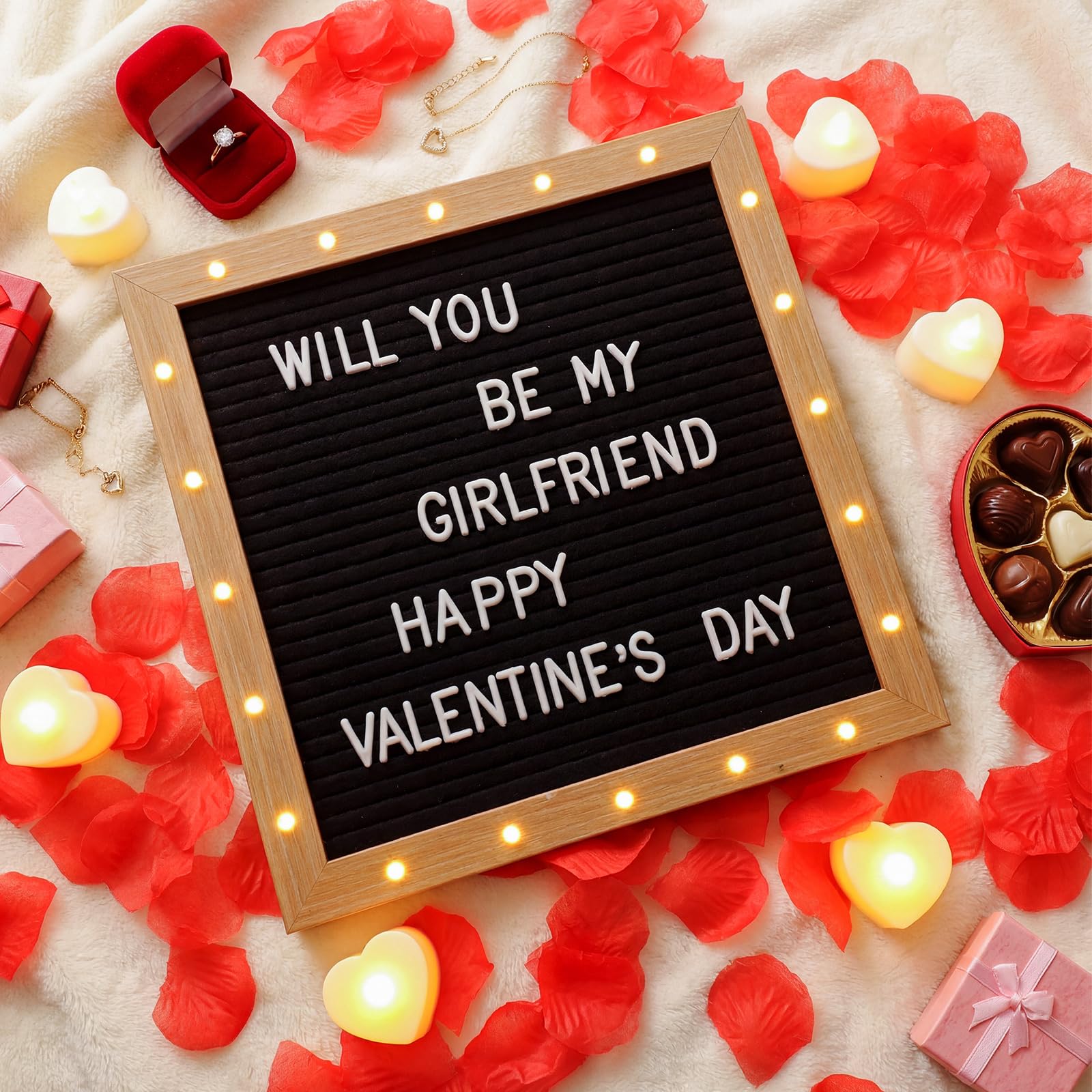Ceenna Romantische Nacht Geschenkset Schwarz Will You Be My Girlfriend Schild Brief Board Künstliche Rosenblätter LED Kerzen Buchstaben Symbole für Valentinstag Jubiläum Geburtstag Hochzeit