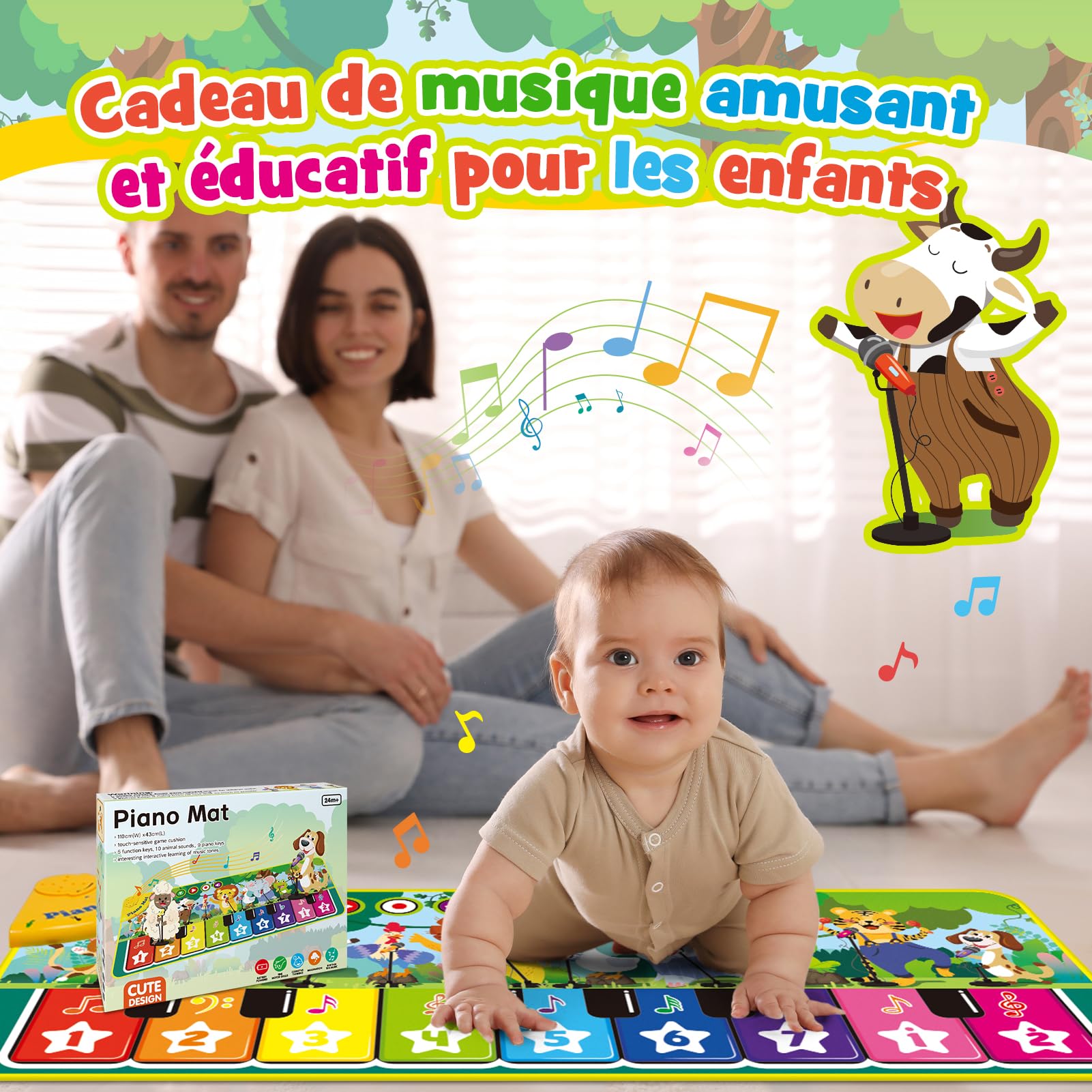 Tapis Musical Jouet Enfant 1 2 Ans, Tapis Piano Bebe avec 10 Sons d'animaux Jouet Bebe Fille Garcon 1 2 an Cadeau Enfant Bebe Fille Garcon 1 2 Ans, Tapis De Jeux Bebe 1 an