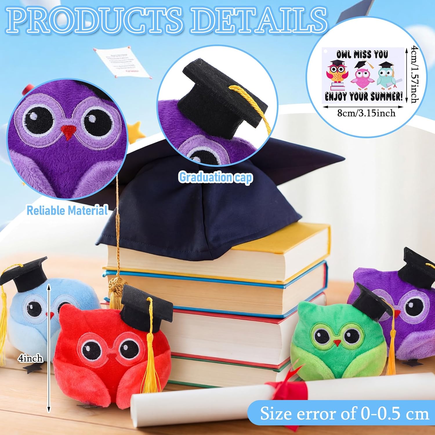 16 Pack College Graduation Stuffed Owl with Cards Bulk Grad Stuffed Animal Class of 2026 Graduation Gifts Mini Owl Animal with Cap for Grad Ceremony Party