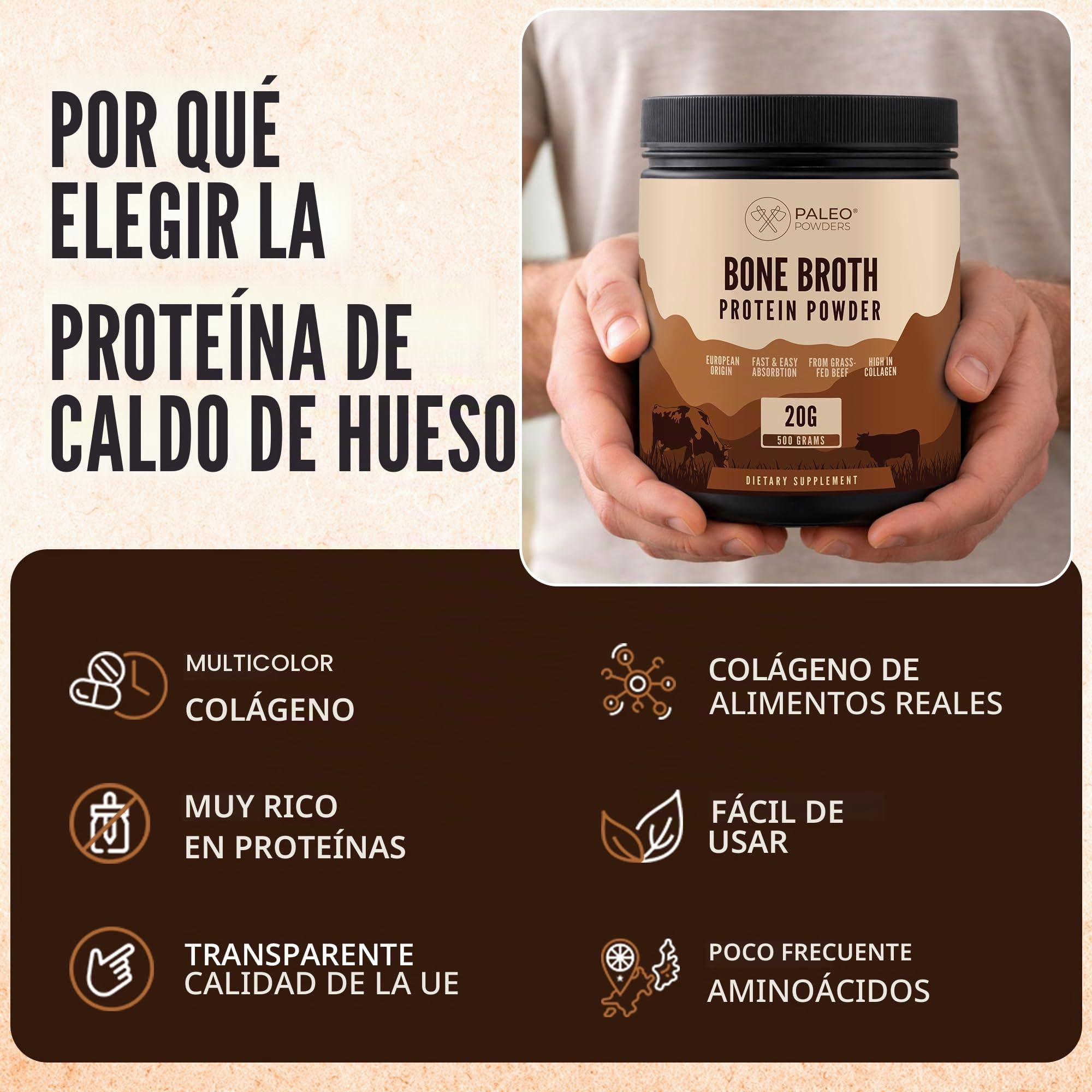 Caldo de huesos en polvo - 100% ganado europeo de pastoreo - Proteína de colágeno múltiple - 0 g de azúcar - 500 g