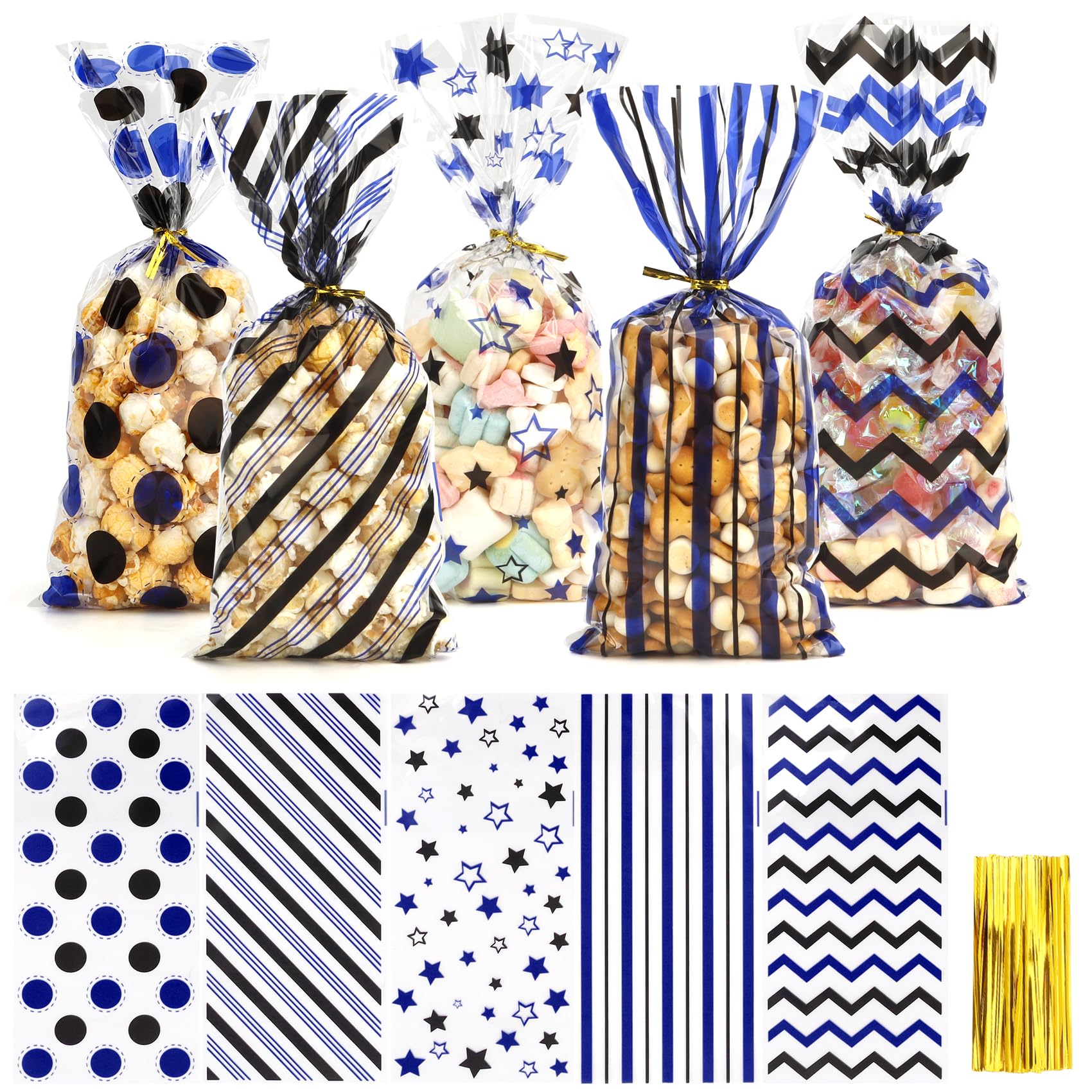 Graduation Treat Bags, Graduation Cellophane Treat Bags, 100 PCS Graduation Gift Bags, Blue Black Cello Grad Candy Bags Cookie Bags with 100 Pcs Gold Ties for Graduation Party Favors Supplies