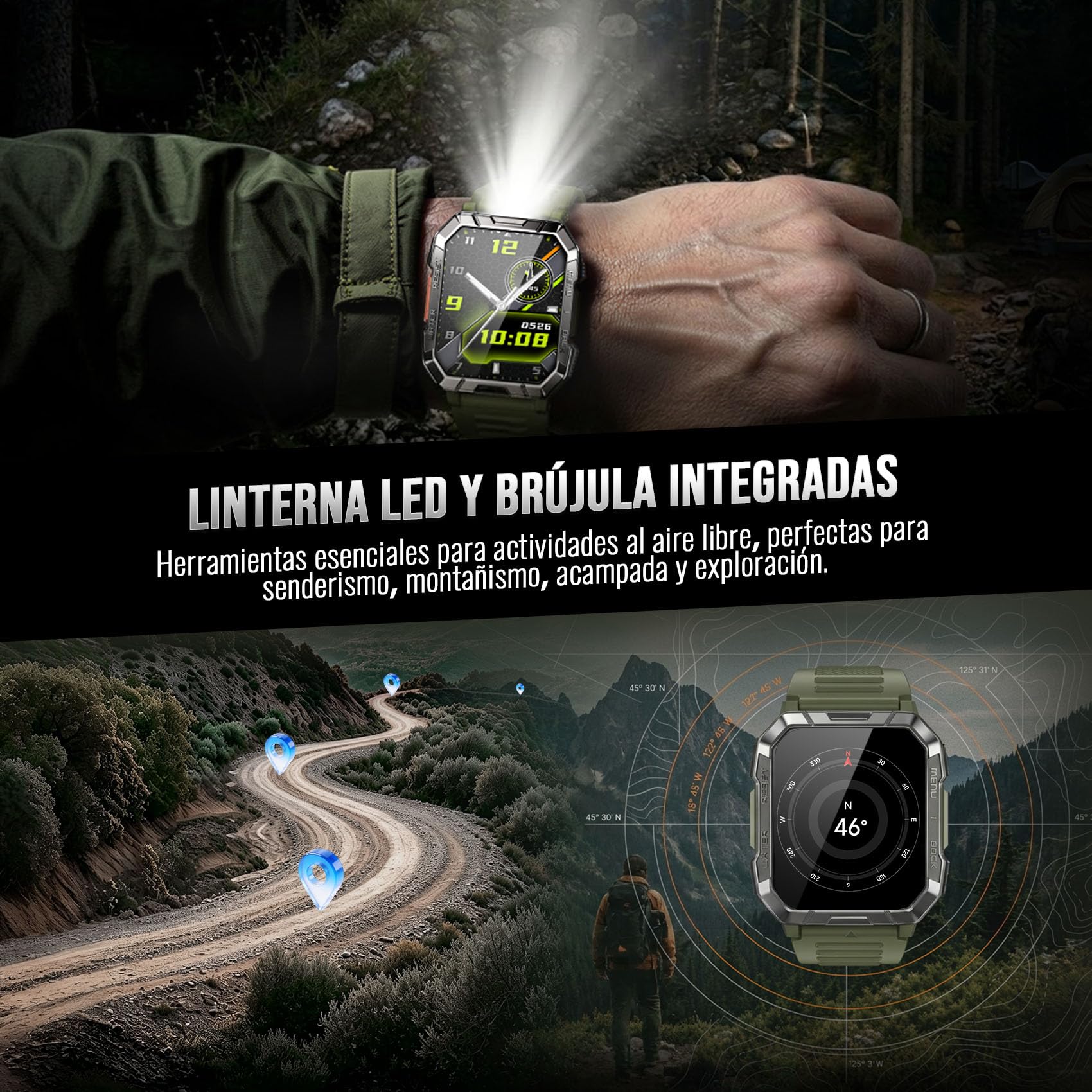 Blackview Reloj Inteligente Hombre Militar - 2.01” Smartwatch Hombre con Linterna, Brújula, Llamadas Bluetooth, Pulsómetro, Monitor de Sueño, Reloj Deportivo con Podómetro, 100+ Modos Deportivos