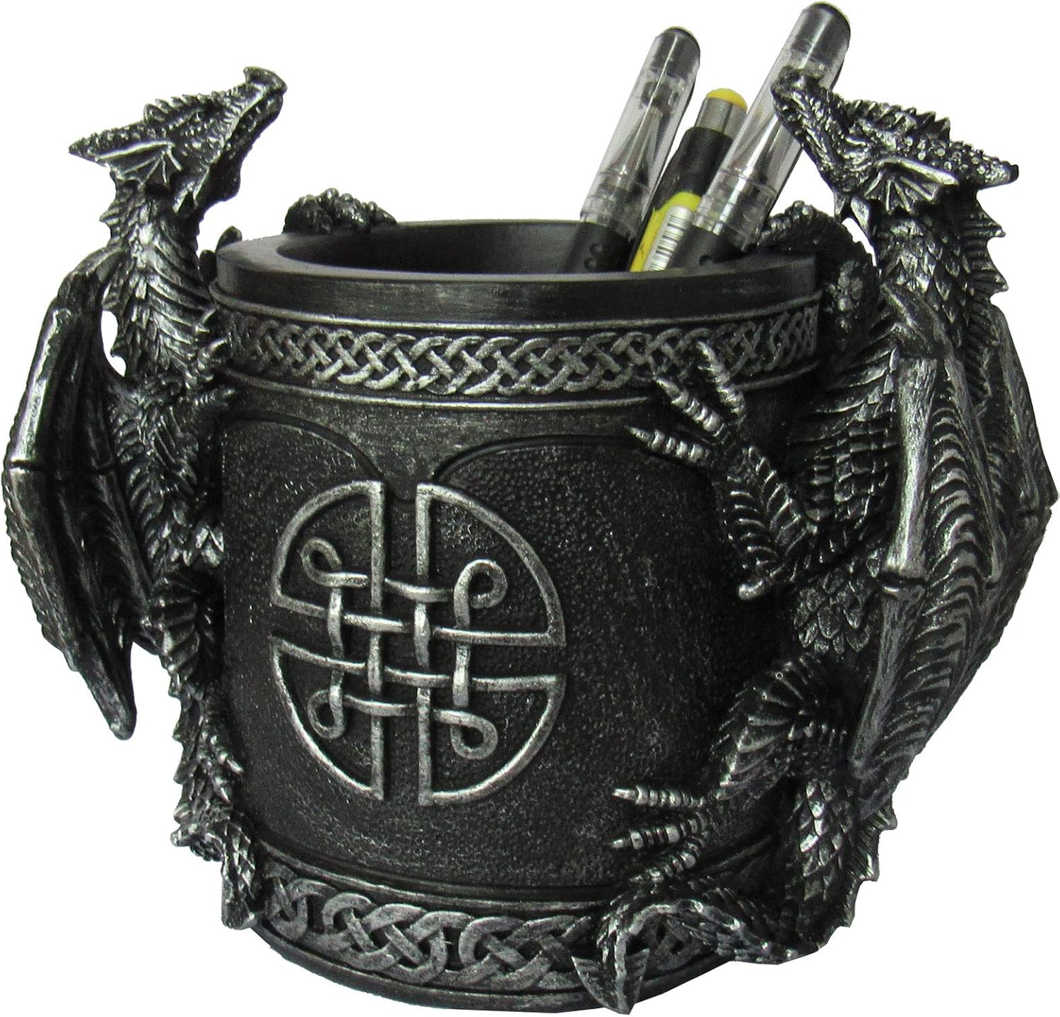 DWK - Literary Beasts - Twin Double Dragon Celtic Gothic Pen Pencil Desk Organizer Makeup Brush Holder Art Supply Caddy Home Office Accent Storage Accessory, Antique Silver Pewter, 6.5-inch