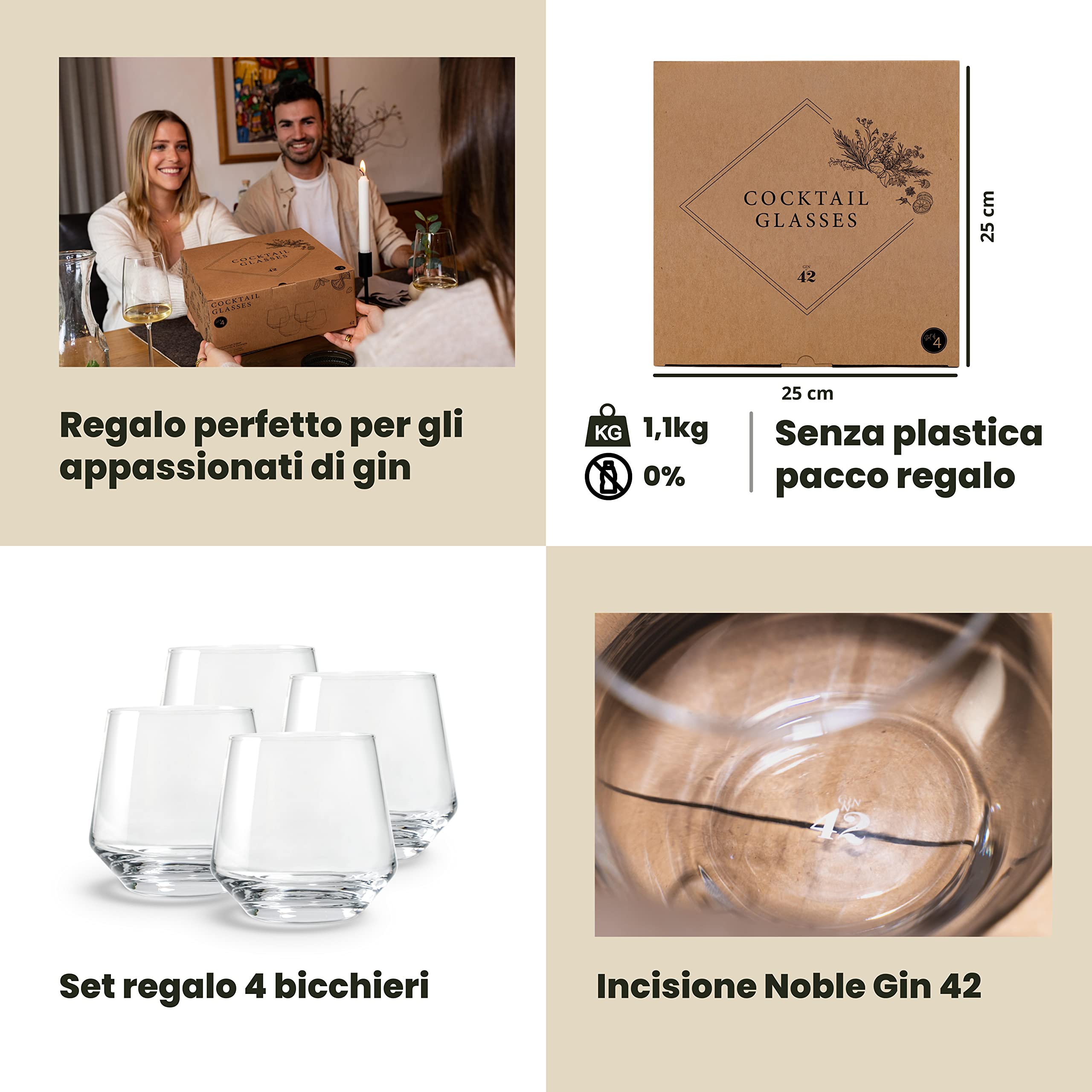 Bicchieri da gin tonic - Set regalo da 4 | 400 ml | Set di bicchieri per Gin Tonic | In scatola regalo con ricette per cocktail | Per cubetti di ghiaccio grandi | Regal per uomini e donne