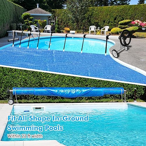 Miniatura 2 de Goplus Juego de carrete de cubierta de piscina de 22 pies, carrete de cubierta solar de aluminio ajustable con manivela y ruedas, cubierta solar