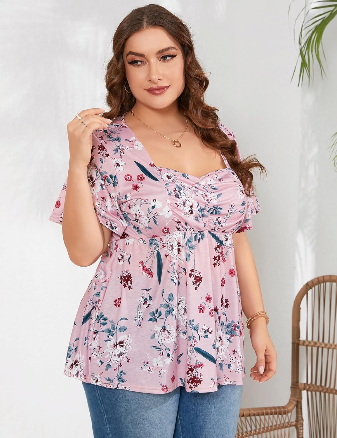 ShopWonder Women Plus Size Sweetheart Neck Tunic Tops Short Sleeves Pleated Peplum Babydoll Casual Blouse T shirts - Image 5