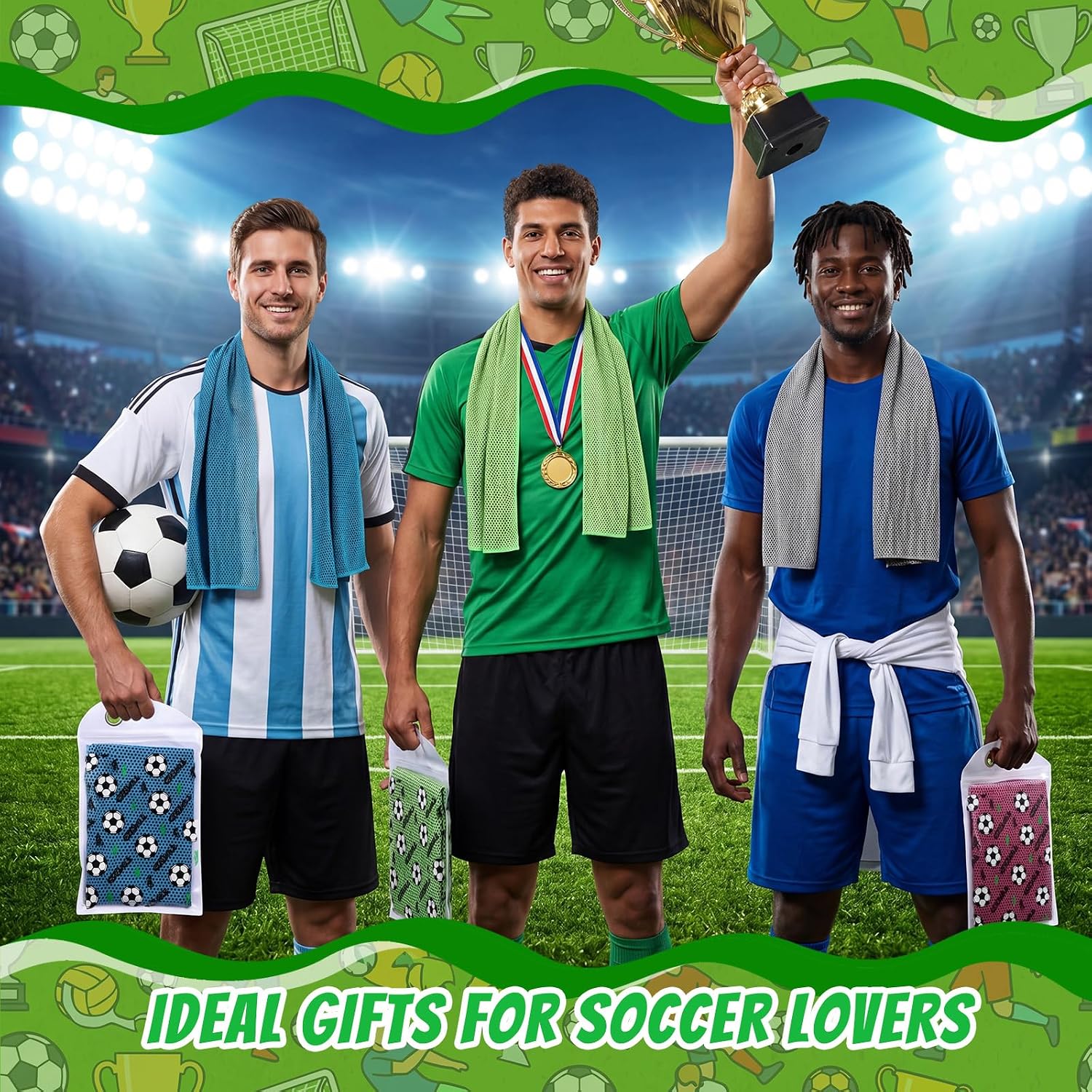 Chumia 4 Pack Soccer Themed Cooling Towels (40"x12"), Soft Breathable Chilly Towel, Ice Towel, Microfiber Towels for Running, Workout, Gym, Camping, Sport Party Favors Player Team Gifts