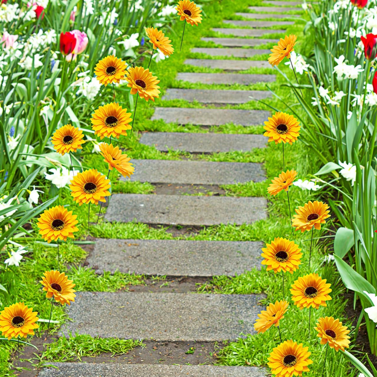 Amosfun Sunflower Yard Stakes Outdoor Decorative Garden Stakes Fabric Sunflower with Metal Stem for Lawn Patio Landscape D Cor