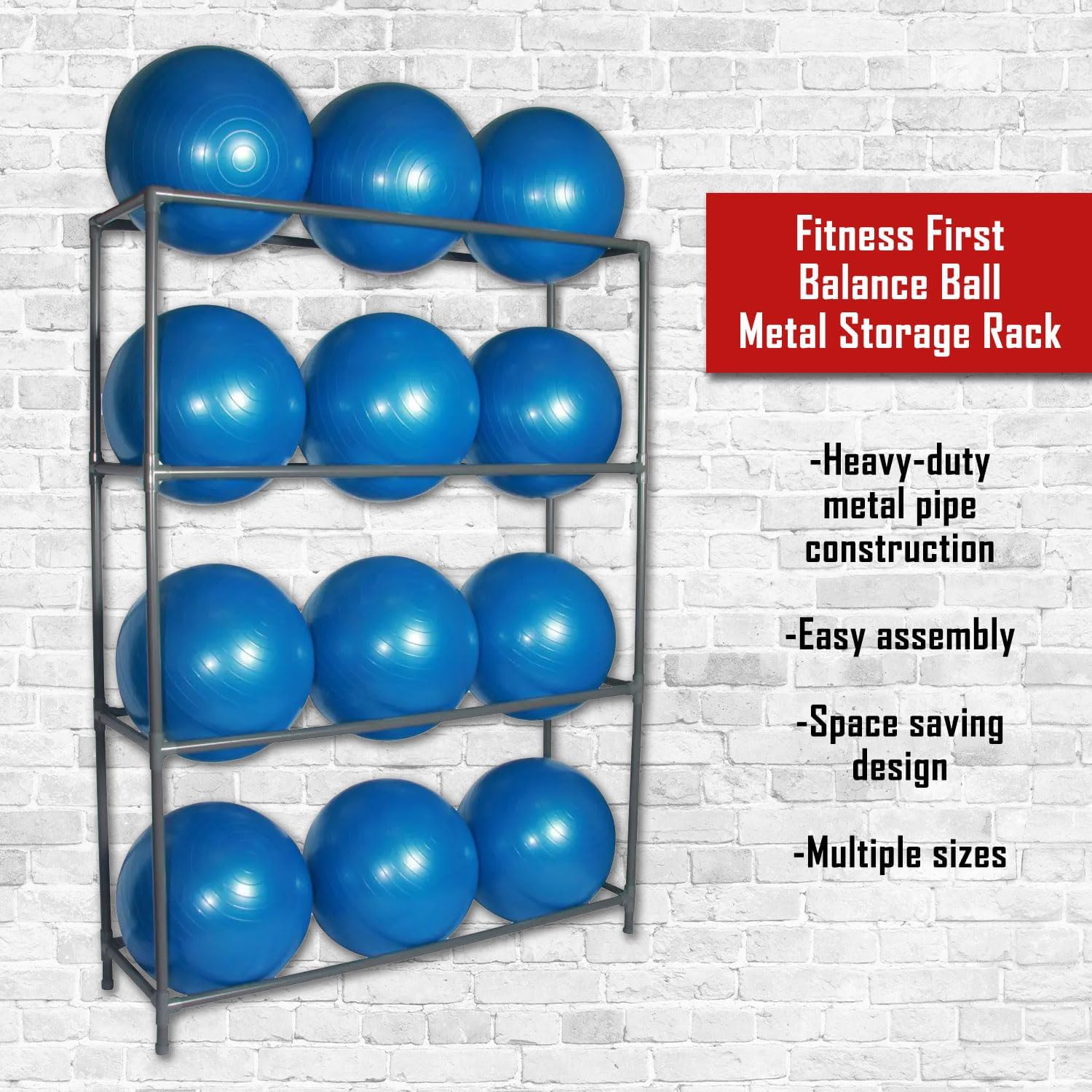 Fitness First Balance Ball Metal Storage Rack – Heavy-Duty Metal Pipe Construction, Easy Assembly, Stable Design – Holds 12 Exercise Balls for Gym or Studio Organization