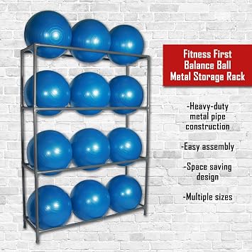 Fitness First Balance Ball Metal Storage Rack Heavy-Duty Metal Pipe Construction, Easy Assembly, Stable Design Holds 6 Exercise Balls for Gym or Studio Organization