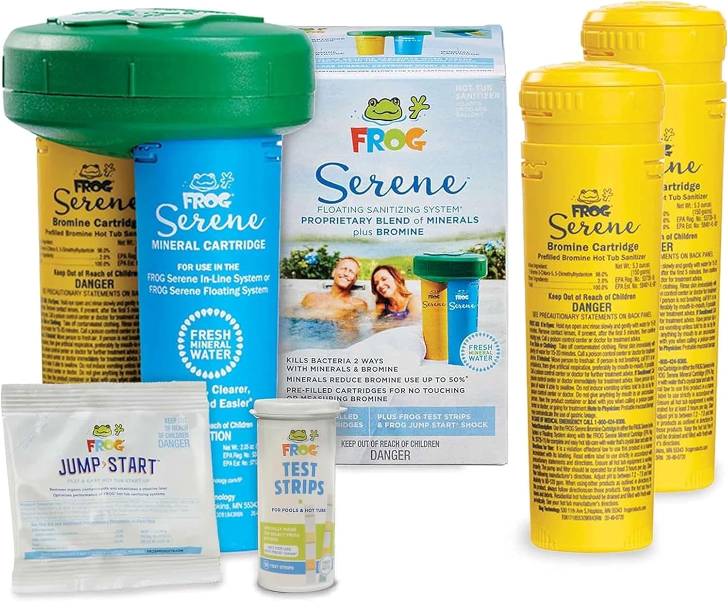 FROG Serene Floating System for Hot Tubs with 2 Replacement Bromine Cartridges - Prefilled Hot Tub Sanitizer - Hot Tub Maintenance System with Sanitizing Minerals & Bromine