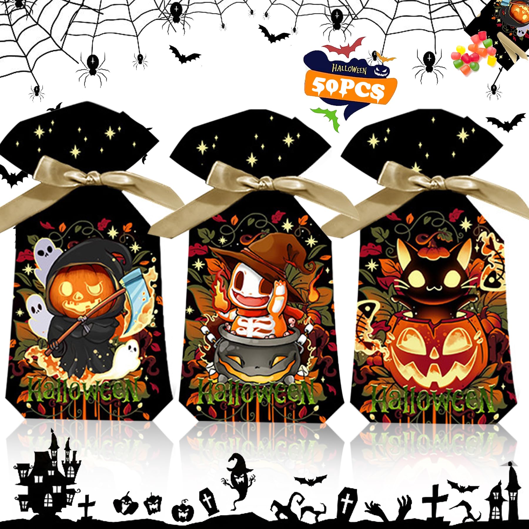 YeahBoom 50 Stück Halloween Süßigkeit Tüten, Halloween Geschenktüten Set | Halloween Partytüte mit Biscuit Tüte und Candy Geschenk Taschen für Halloween Geschenktüten PartyDeko
