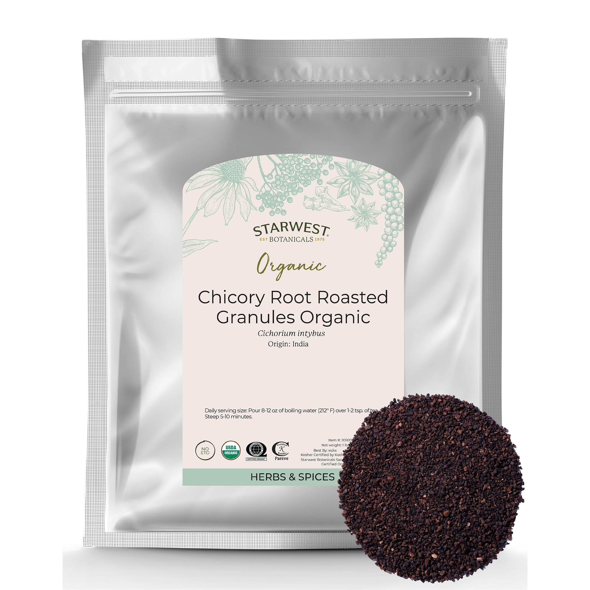 Starwest Botanicals Organic Chicory Root Roasted Granules - Caffeine Free Coffee Substitute, Herb for Tea, Baking, & Herbal Blends, Certified Kosher, Non-GMO - Bulk 1 lb Bag