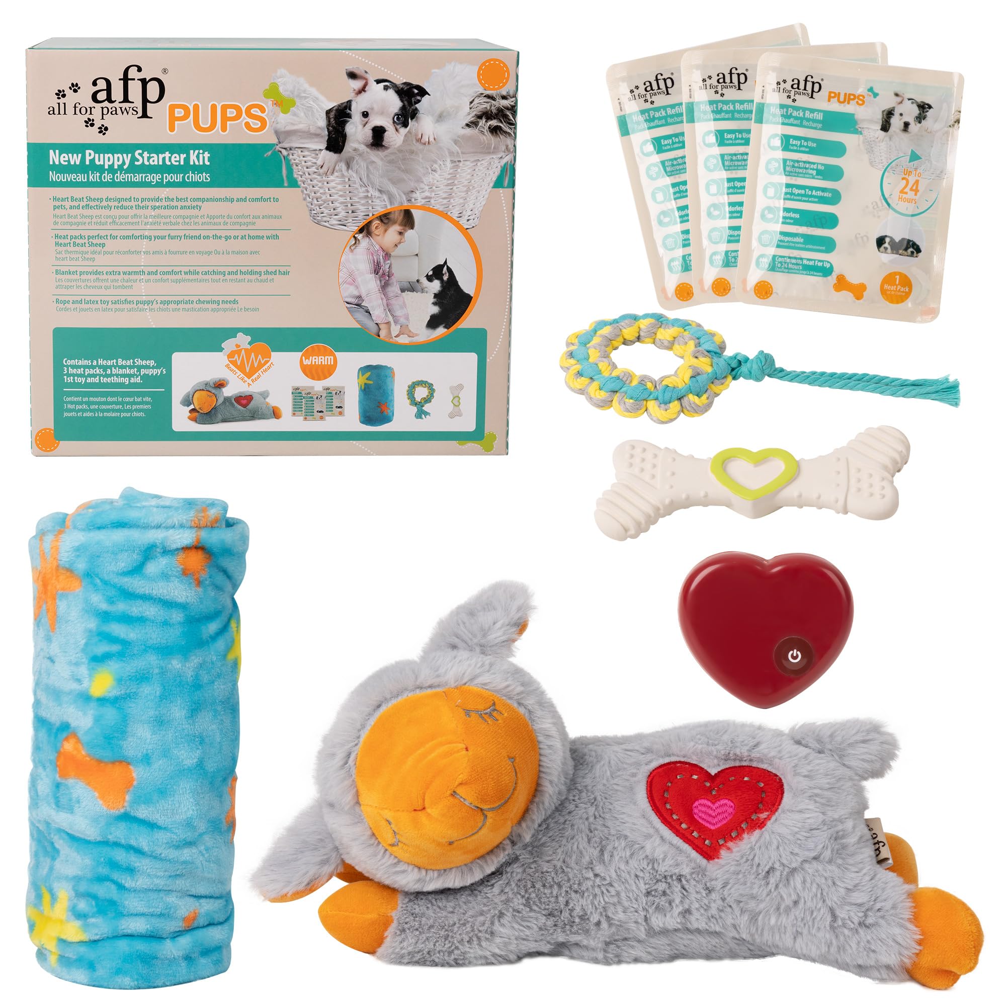 Puppy Essentials Starter Kit - New Born Dog Toys Gifts Heartbeat Puppy for Dogs, Teething Toys, Heat Packs & Cozy Blanket for Crate Training & Anxiety