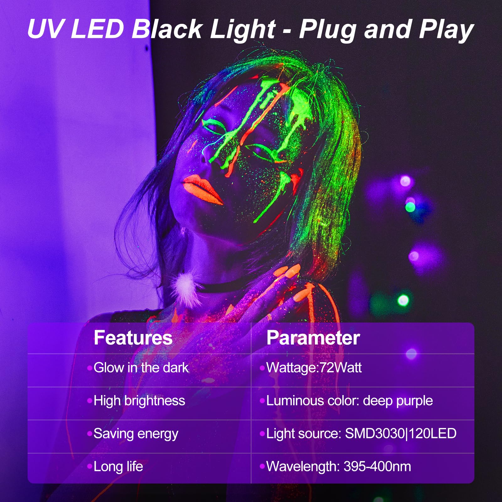 T-SUN 2 Pièces UV Lumière Noire 72W 1000LM Projecteur Lumière Noire Réglable à 360°, Cordon d'alimentation de 1,8 m, Longueur d'onde 400-405NM pour Halloween Noël Soirée Disco