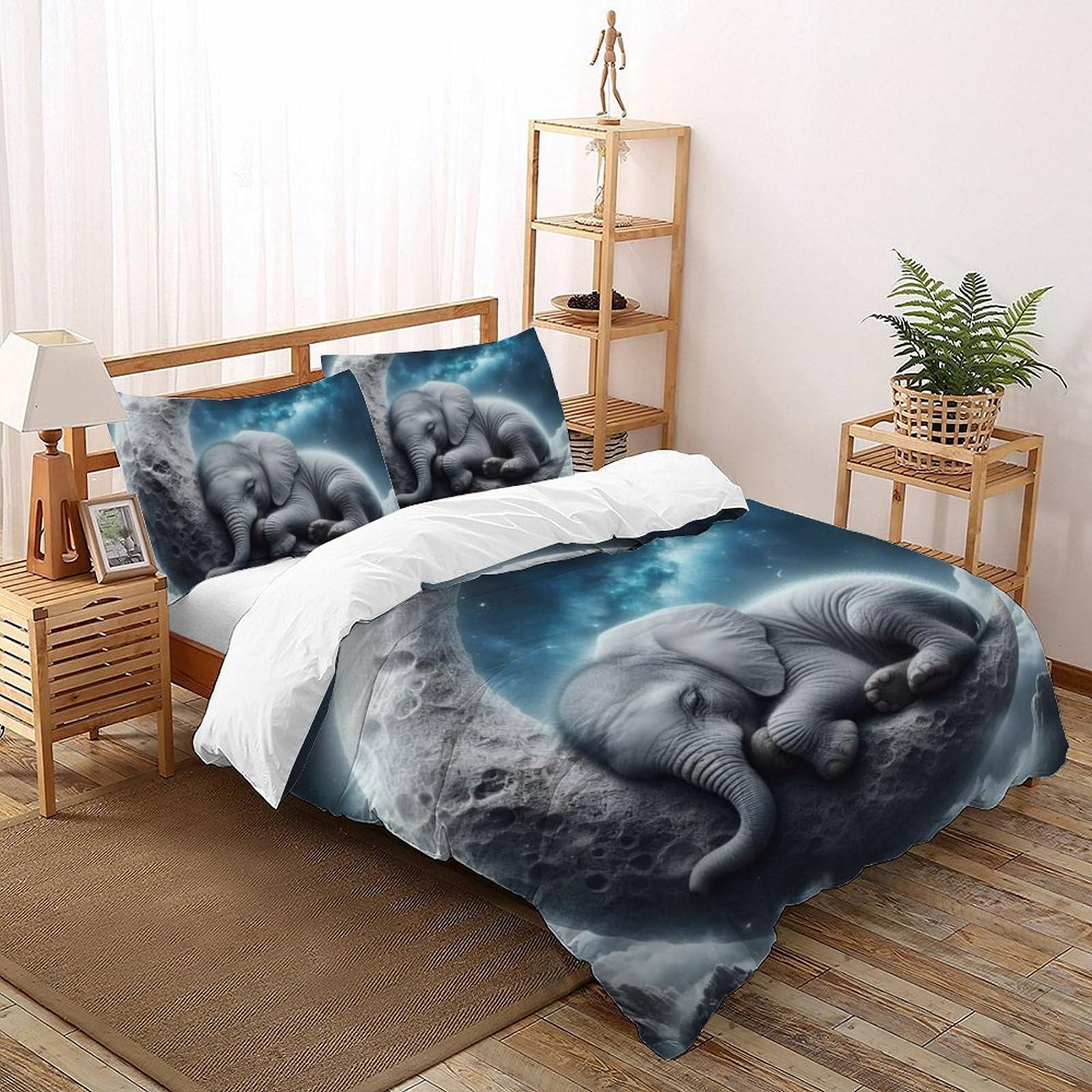 Housse de couette double microfibre dessin animé animaux éléphant lune
