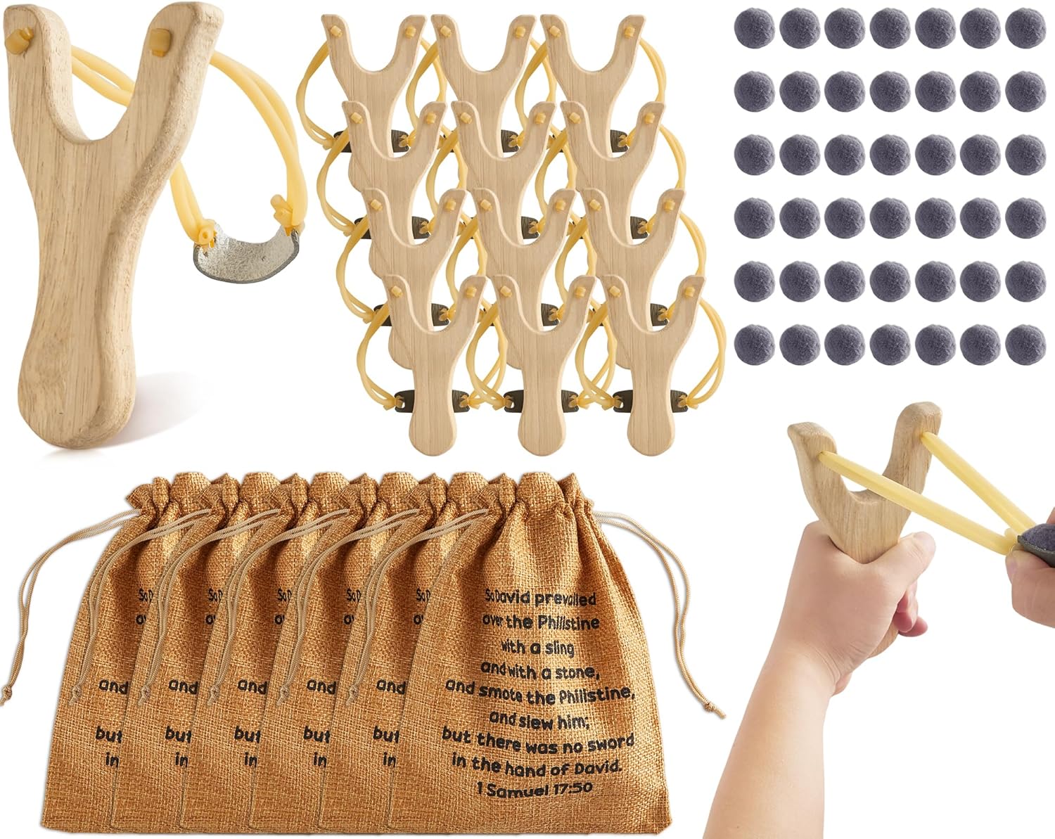 David and Goliath Wooden Slingshot Game Kit Sunday School Slingshot with Drawstring Bag for Bible Story Easter Party Decor Religious Education Gift Fun Classroom Home Supplies