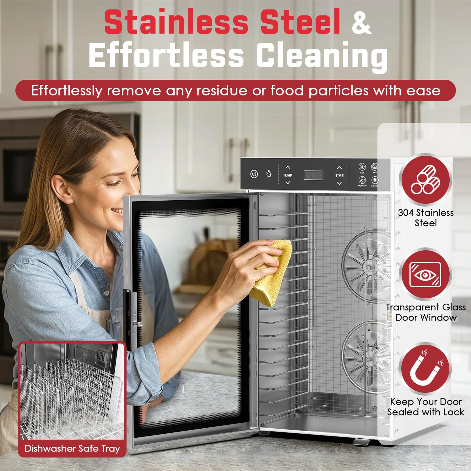 HOPERAN - Deshidratador de alimentos de acero inoxidable deshidratador eléctrico 800W con 4 preajustes, temporizador ajustable, control de temperatura, deshidratador de alimentos digital para