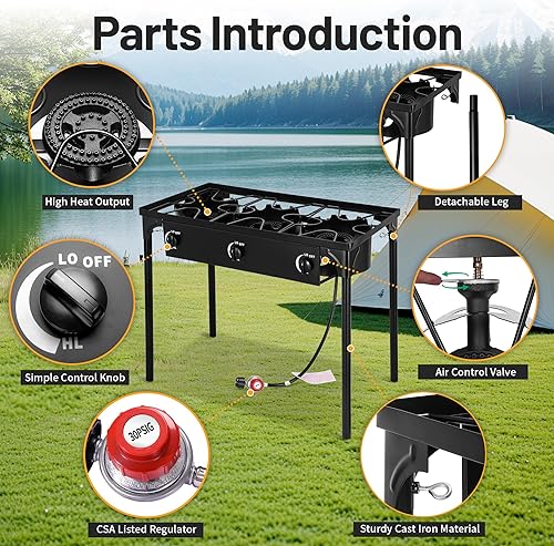 Miniatura 7 de Estufa de camping al aire libre, 225000 BTU, 3 quemadores de alta presión, cocina de gas propano con patas desmontables, regulador de 30 PSI