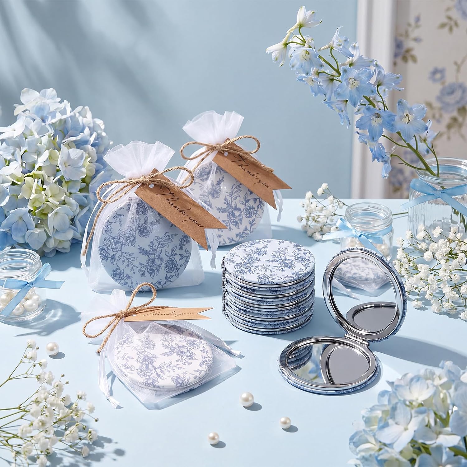 RattanView 24 Set Something Blue Floral Compact Mirrors Bulk Bridal Shower Favors for Guests Wedding Thank You Gifts Folding Pocket Mirror with Thank You Tags Organza Bags for Bridesmaid Party Favors