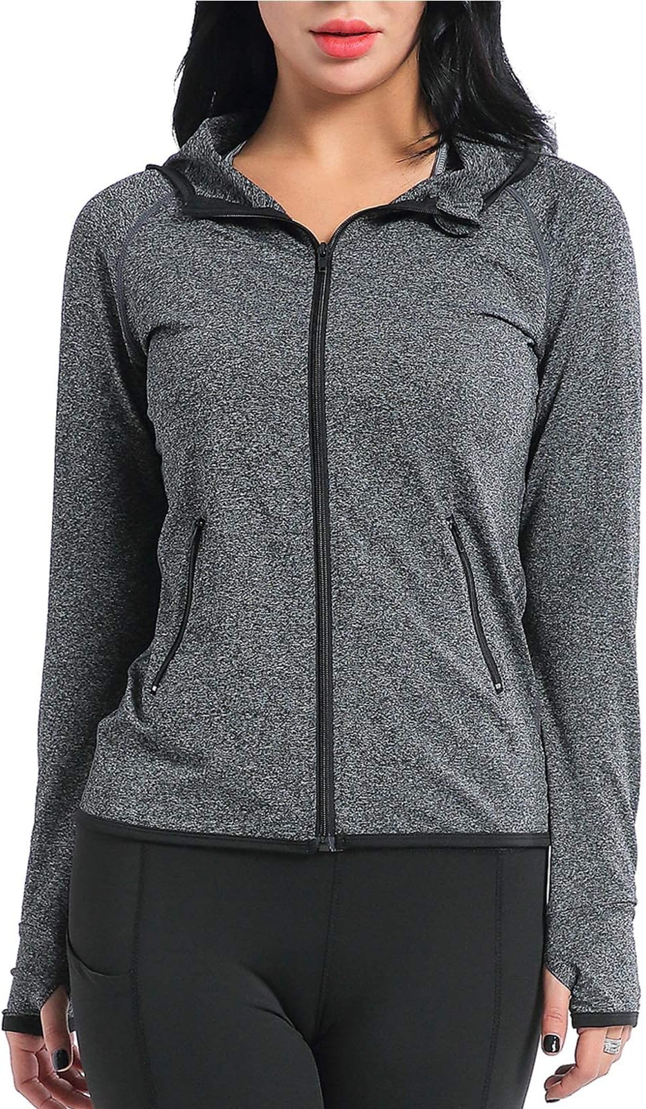 AMZSPORTWomen's Running Jacket Long Sleeve Gym Sports Hoodie with Zip Side Pocket