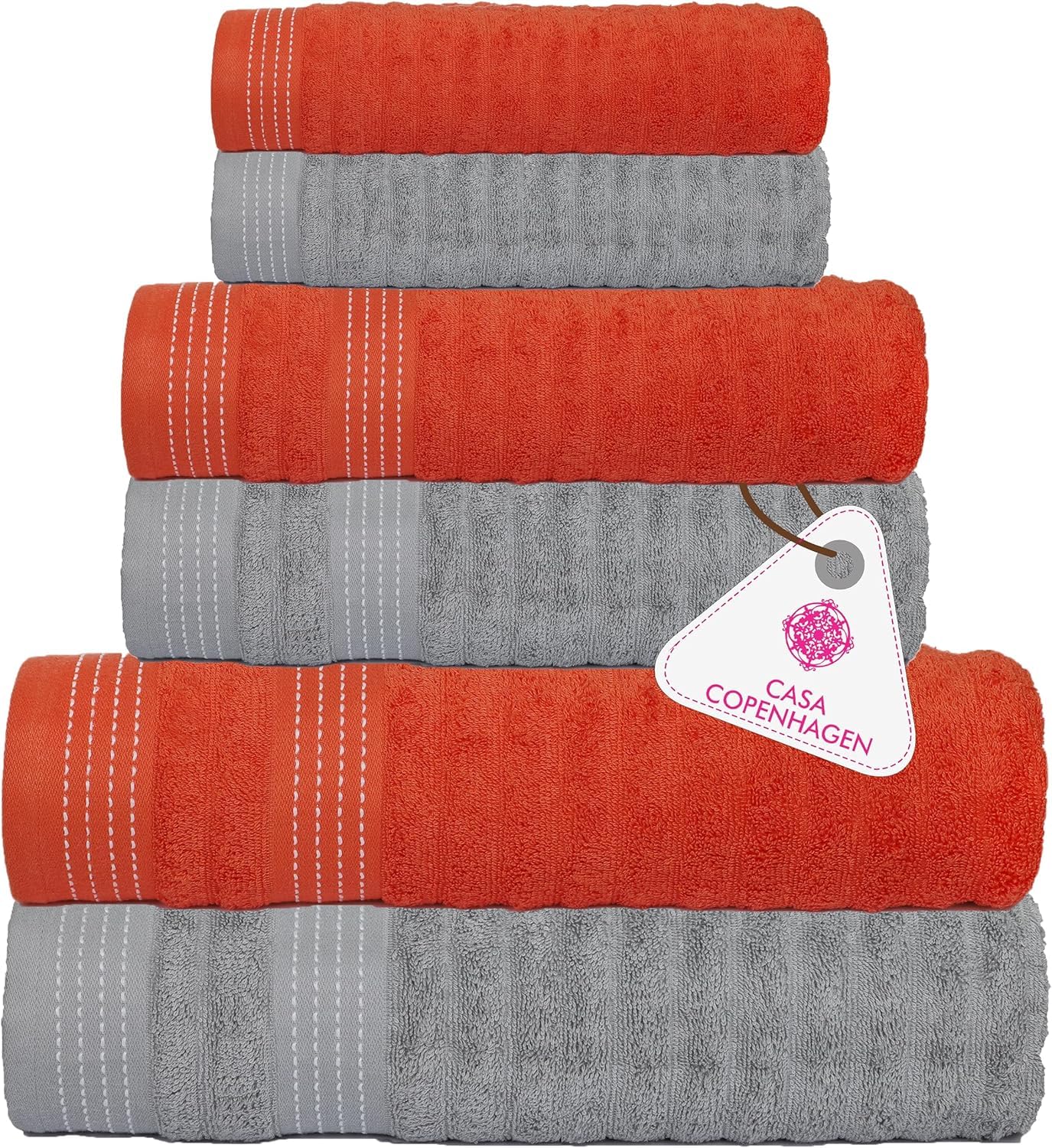 Casa Copenhagen Juego Regalo 6 Toallas baño,600 gsm,Naranja Gris Violeta | elegance Juego de toallas 100 % algodón egipcio: 2 baño, 2 mano y 2 paño de lavado(set de regalo para mujeres / hombres)