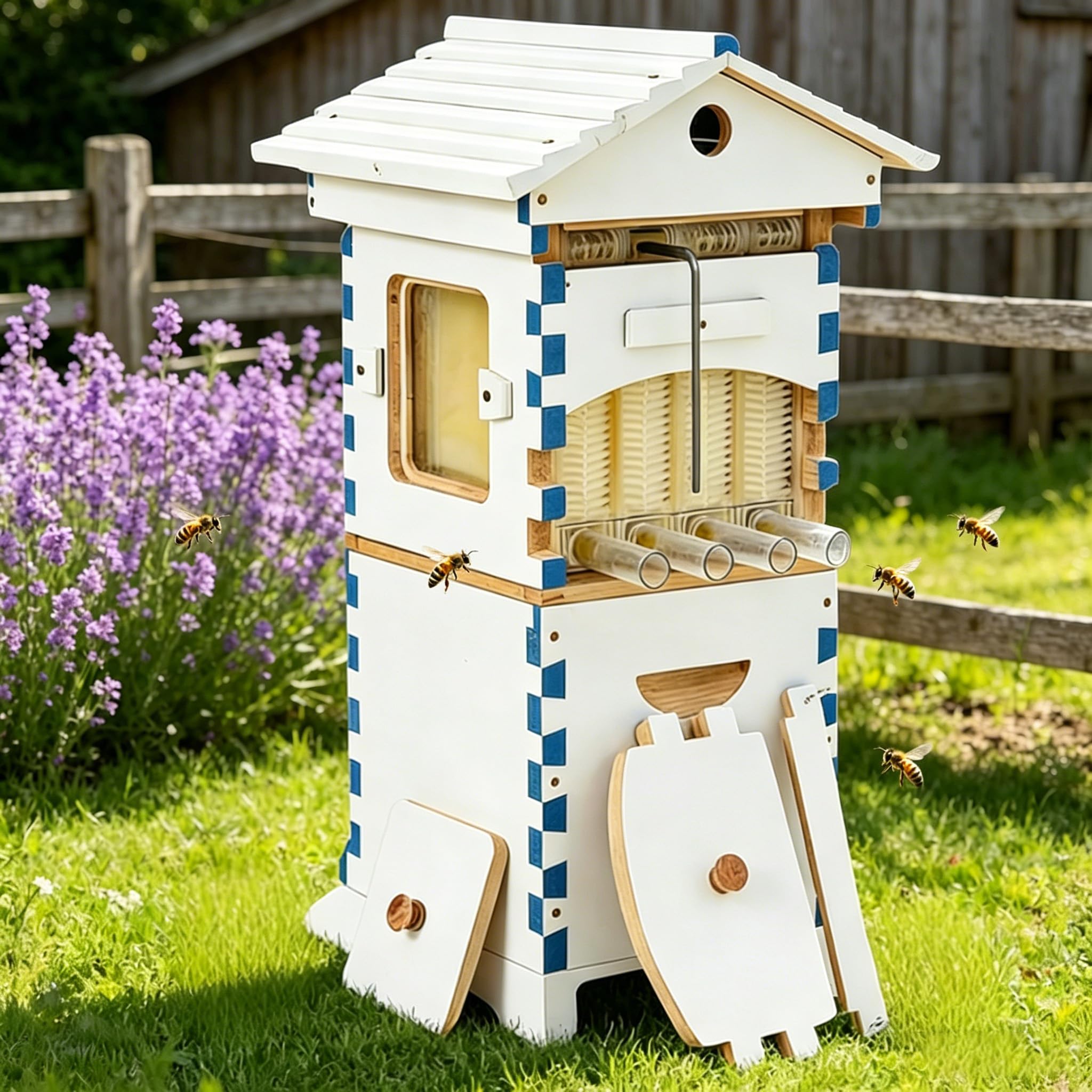 Caja de madera para abejas de autoflujo, colmena de apicultura para principiantes con ventana de observación y boquilla de miel, kit de inicio de colmena con 6 bandejas de panal, para gestión de cría