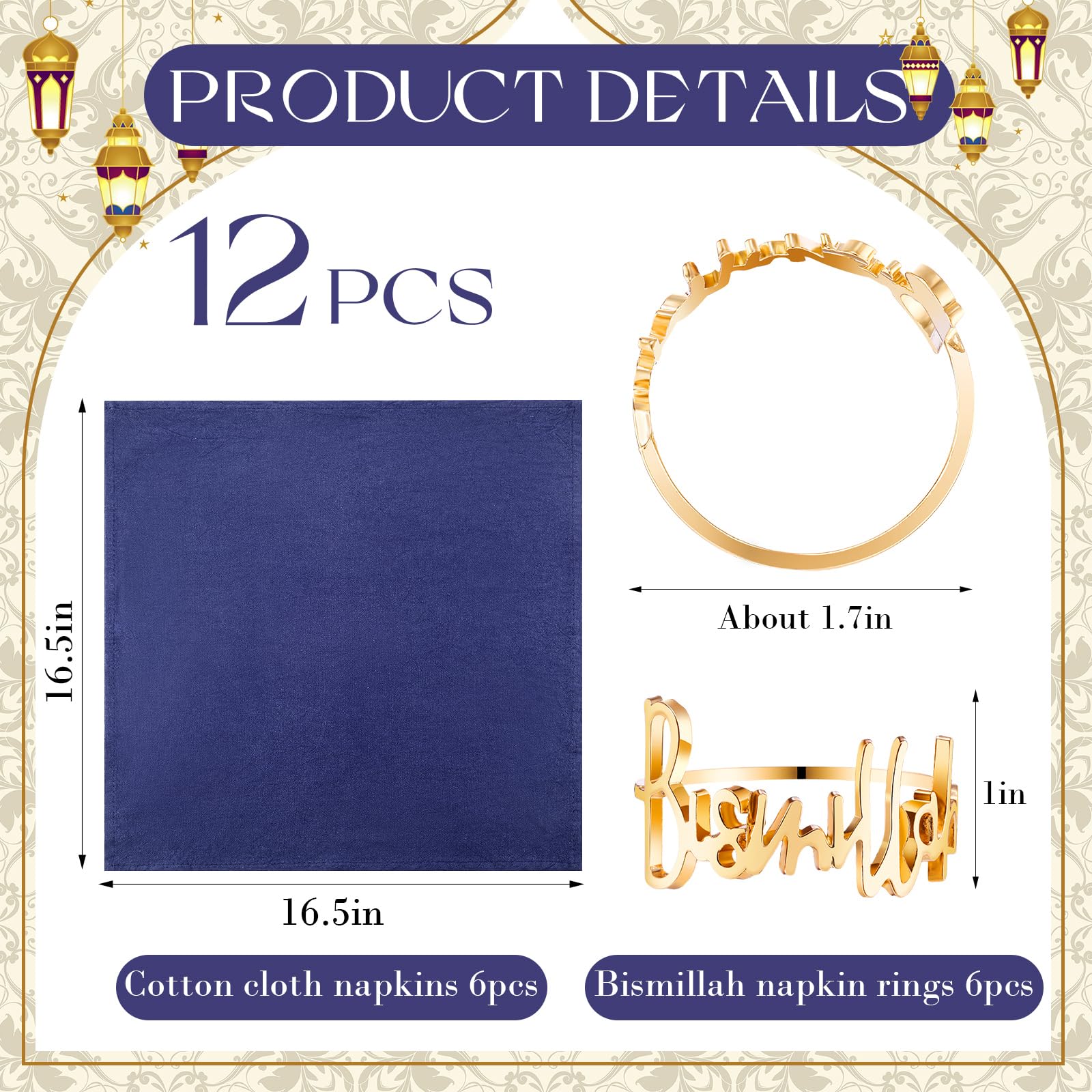 Juego de 6 servilleteros dorados y servilletas de algodón con letras de Bismillah, servilletas de metal, servilletas de tela de cena Eid, decoración de mesa musulmana para fiesta de